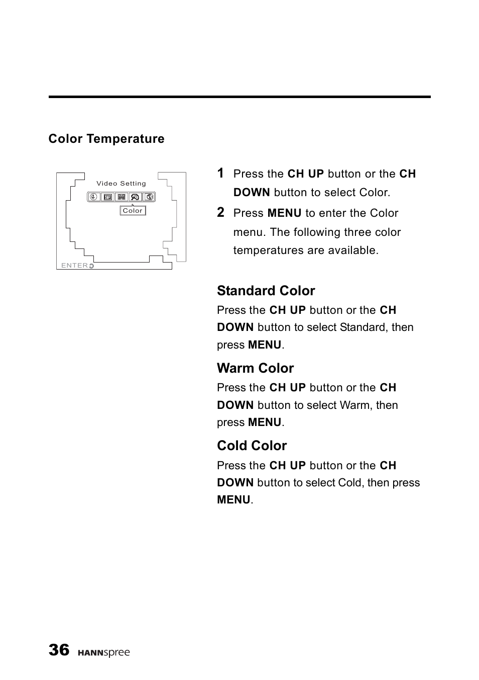 Color temperature, Standard color, Warm color | Cold color | HANNspree F660-10A1 User Manual | Page 37 / 59