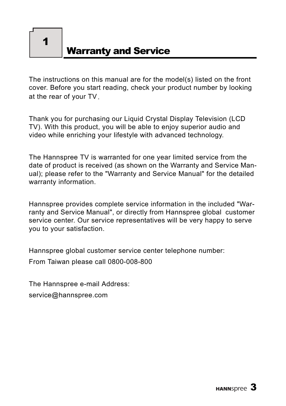 Warranty and service | HANNspree F660-10A1 User Manual | Page 4 / 59