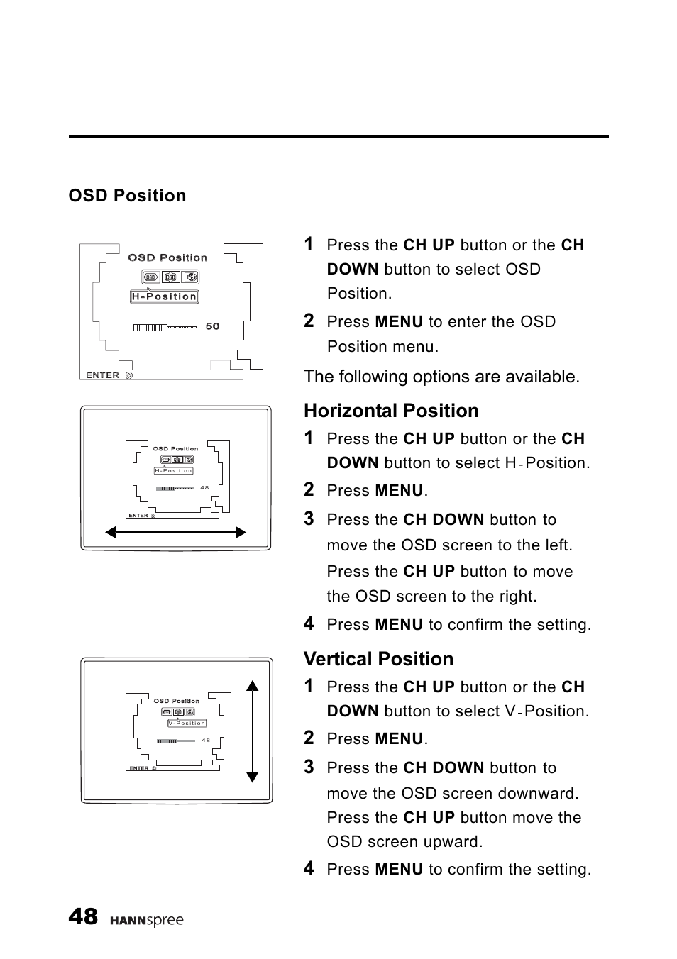 Osd position, Horizontal position 1, Vertical position 1 | The following options are available | HANNspree F660-10A1 User Manual | Page 49 / 59