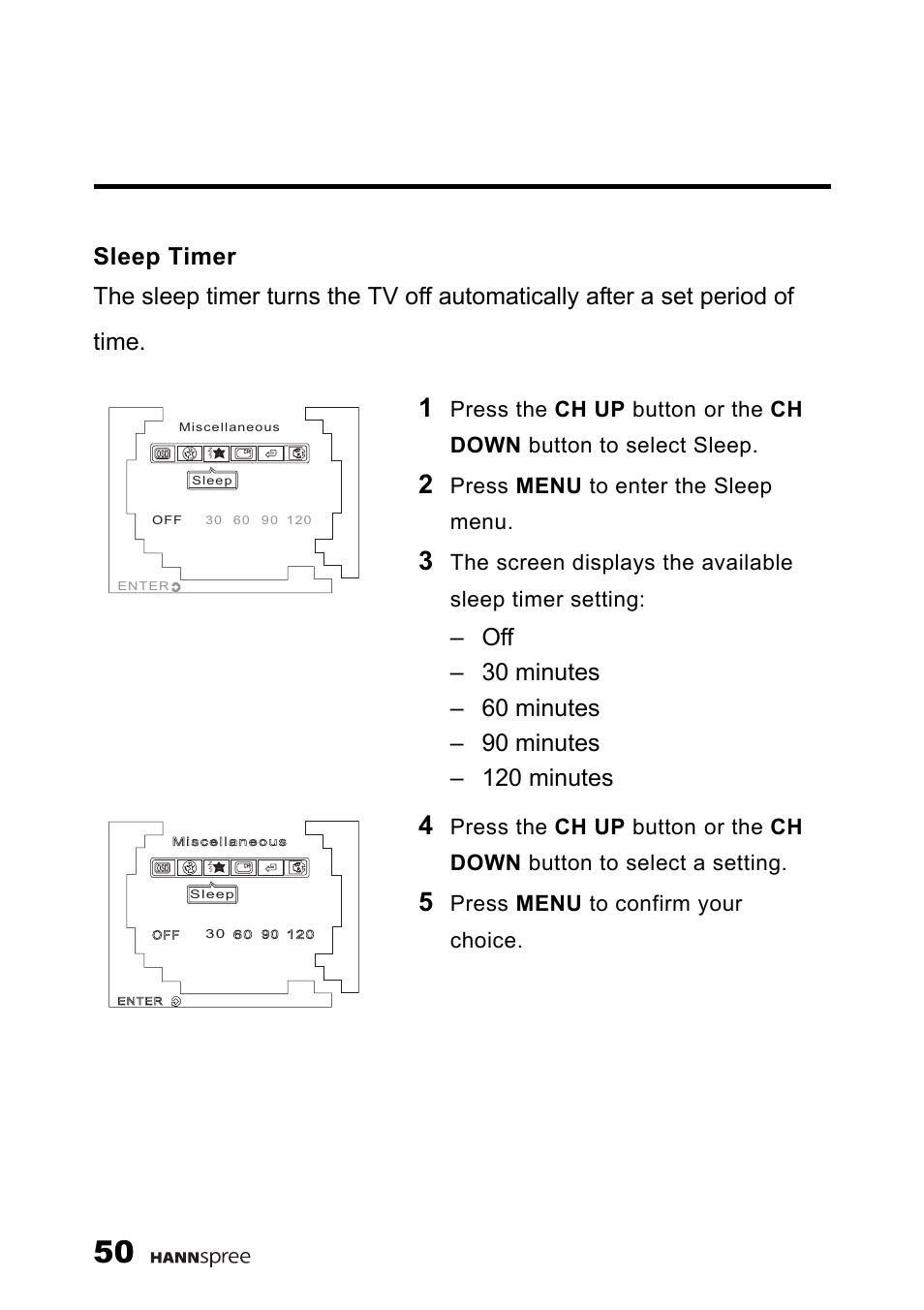 Sleep timer, Press the ch up button, Or the ch down button to select sleep | Press menu to enter the sleep menu, Or the ch down button to select a setting, Press menu to confirm your choice | HANNspree F660-10A1 User Manual | Page 51 / 59