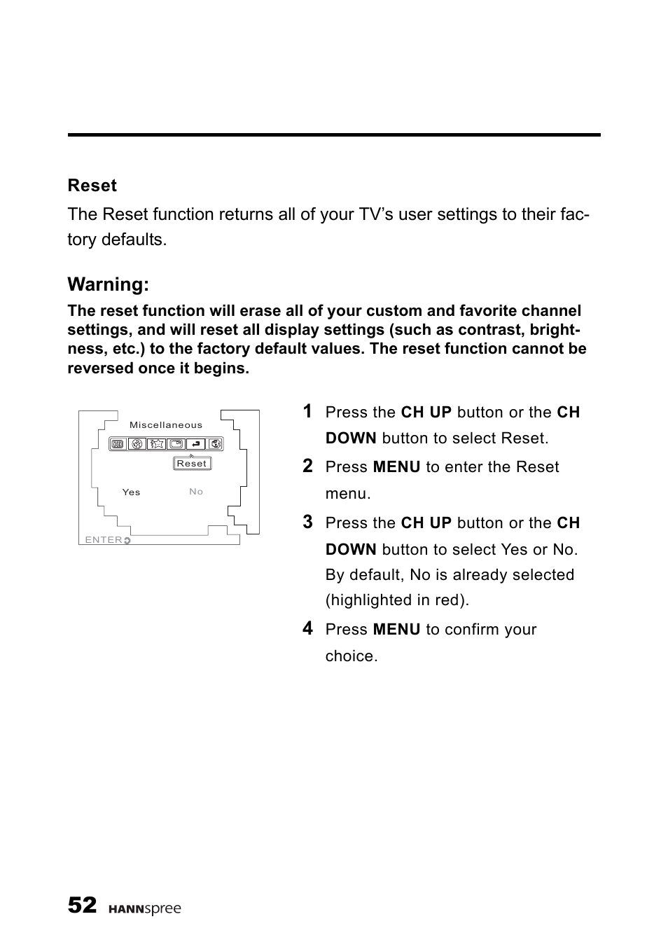 Reset, Warning | HANNspree F660-10A1 User Manual | Page 53 / 59