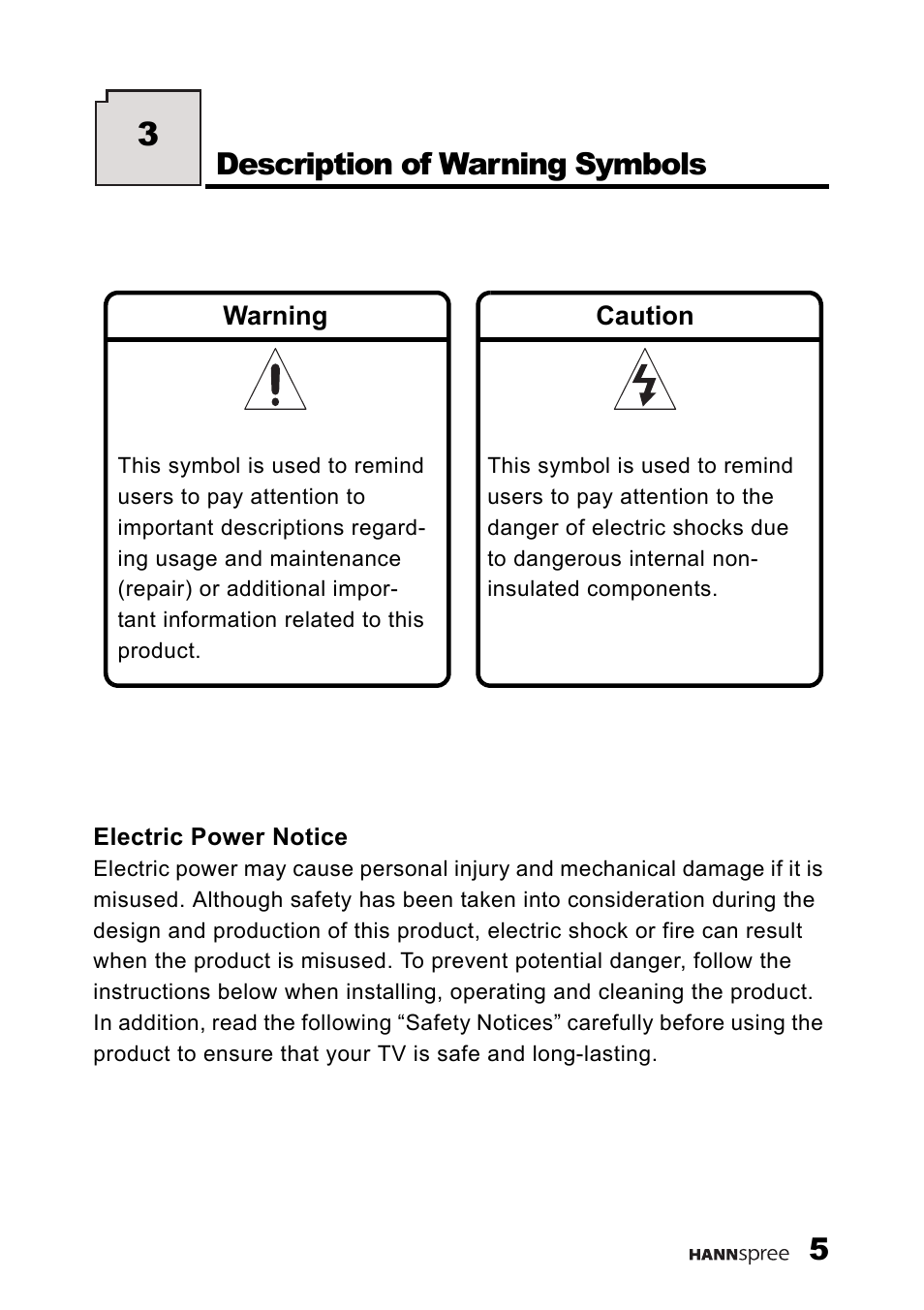 Description of warning symbols | HANNspree F660-10A1 User Manual | Page 6 / 59
