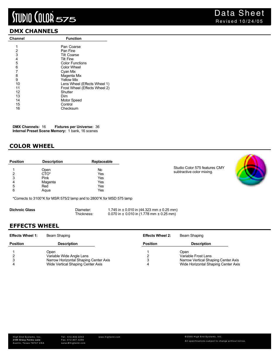 Untitled, Color wheel effects wheel dmx channels | High End Systems Studio Color MSR 575/2 User Manual | Page 2 / 2