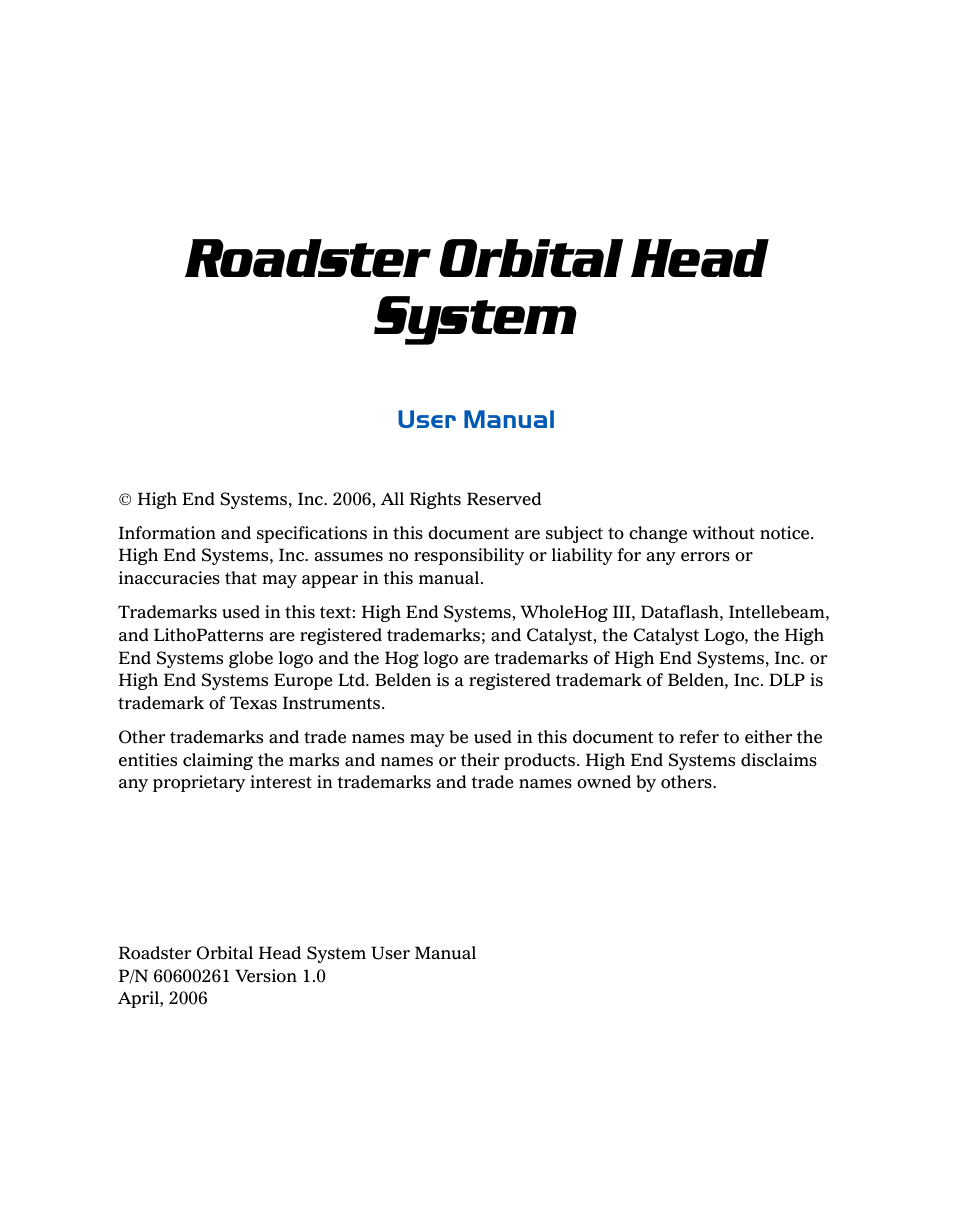 High End Systems Roadster Orbital Head System User Manual | 54 pages