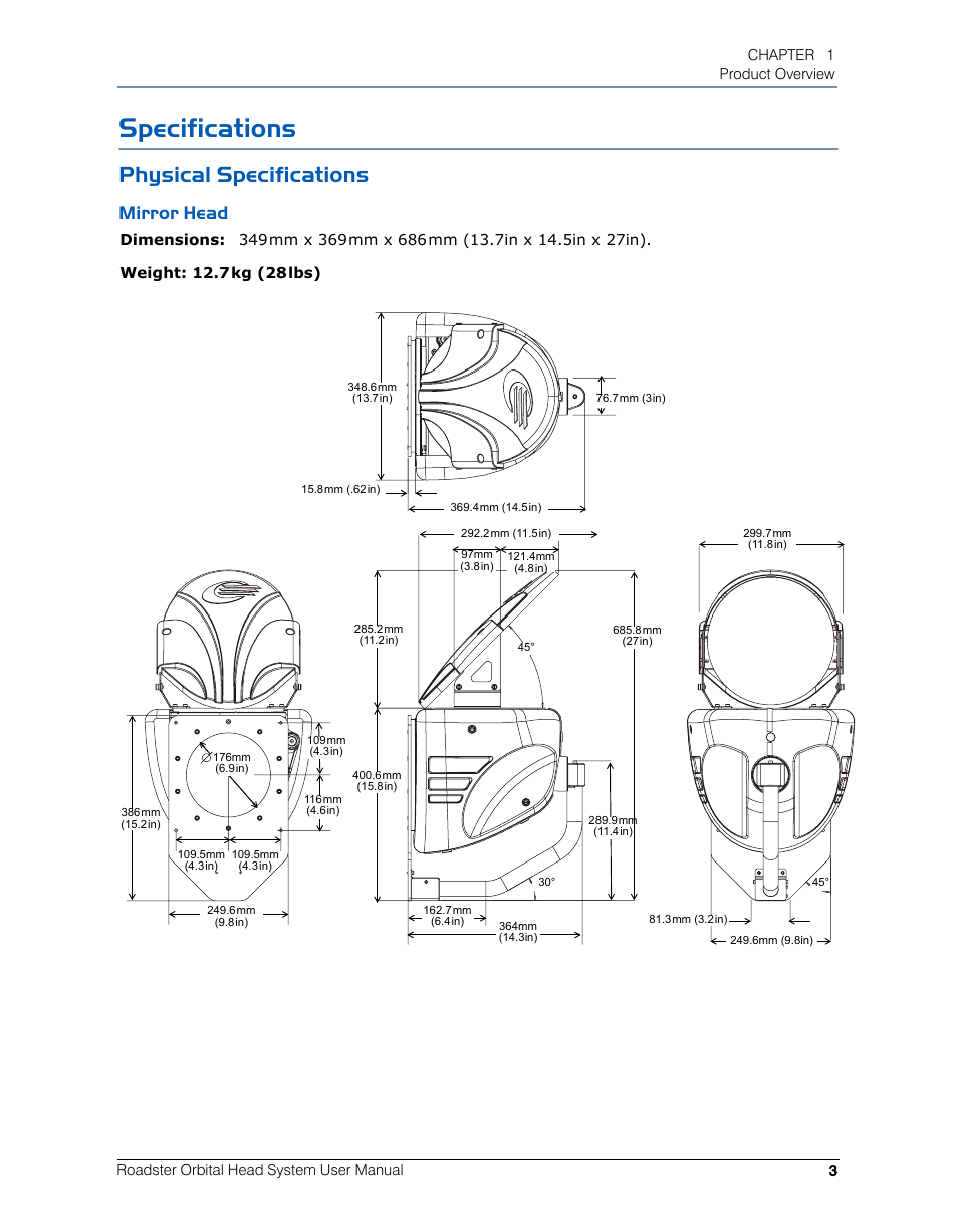 Specifications, Physical specifications, Mirror head | High End Systems Roadster Orbital Head System User Manual | Page 13 / 54