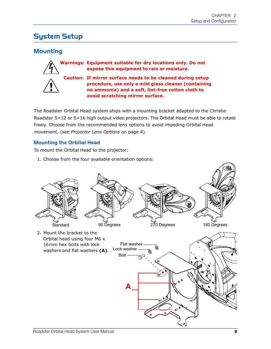 System setup, Mounting, Mounting the orbital head | High End Systems Roadster Orbital Head System User Manual | Page 19 / 54