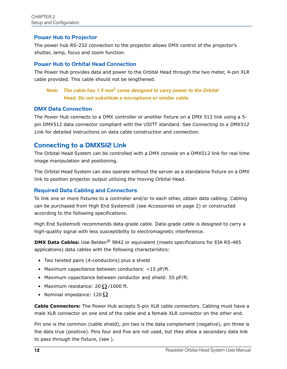 Power hub to projector, Power hub to orbital head connection, Dmx data connection | Connecting to a dmx512 link, Required data cabling and connectors | High End Systems Roadster Orbital Head System User Manual | Page 22 / 54