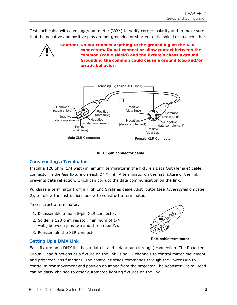 Constructing a terminator, Setting up a dmx link, Constructing a terminator setting up a dmx link | High End Systems Roadster Orbital Head System User Manual | Page 23 / 54