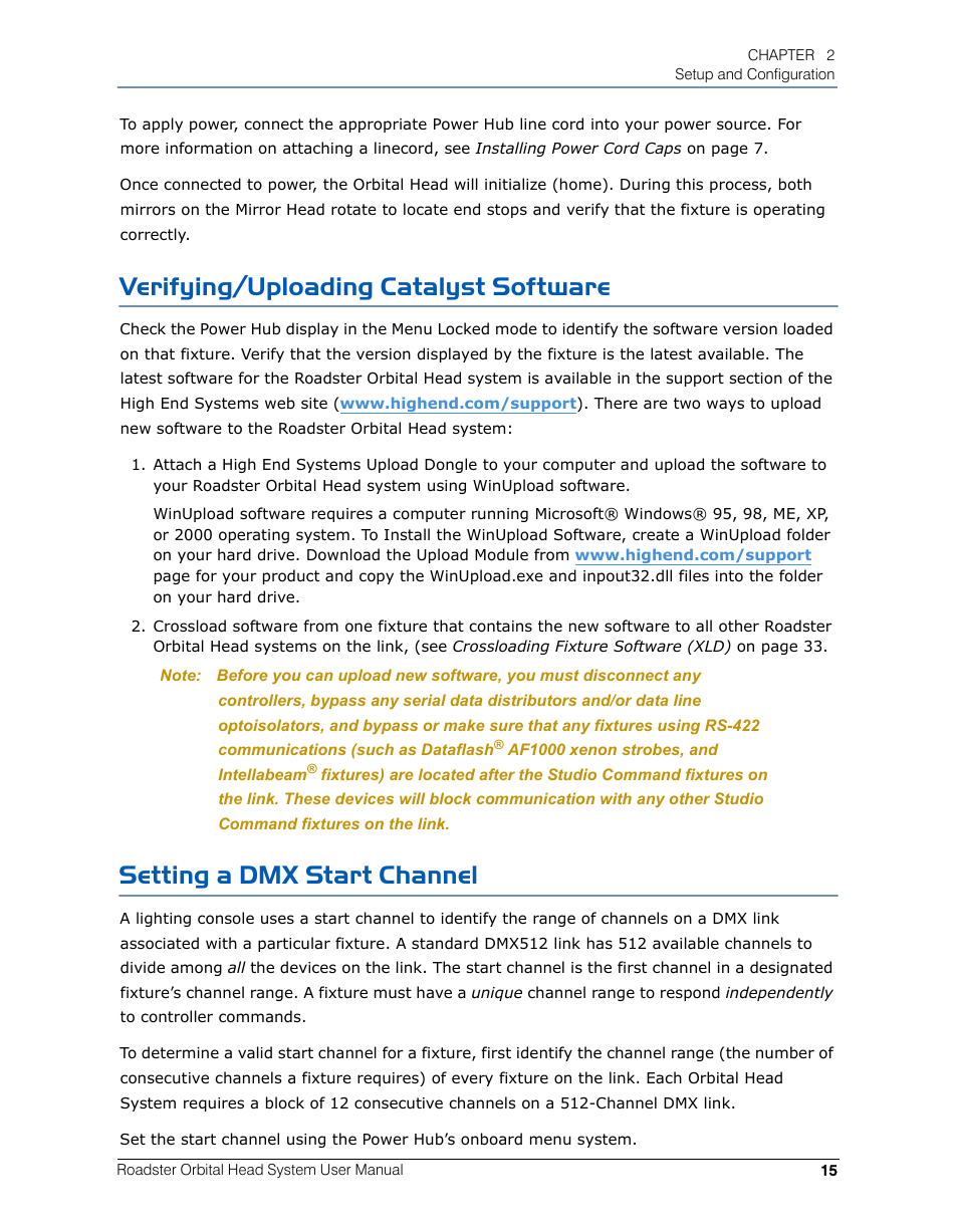 Verifying/uploading catalyst software, Setting a dmx start channel | High End Systems Roadster Orbital Head System User Manual | Page 25 / 54