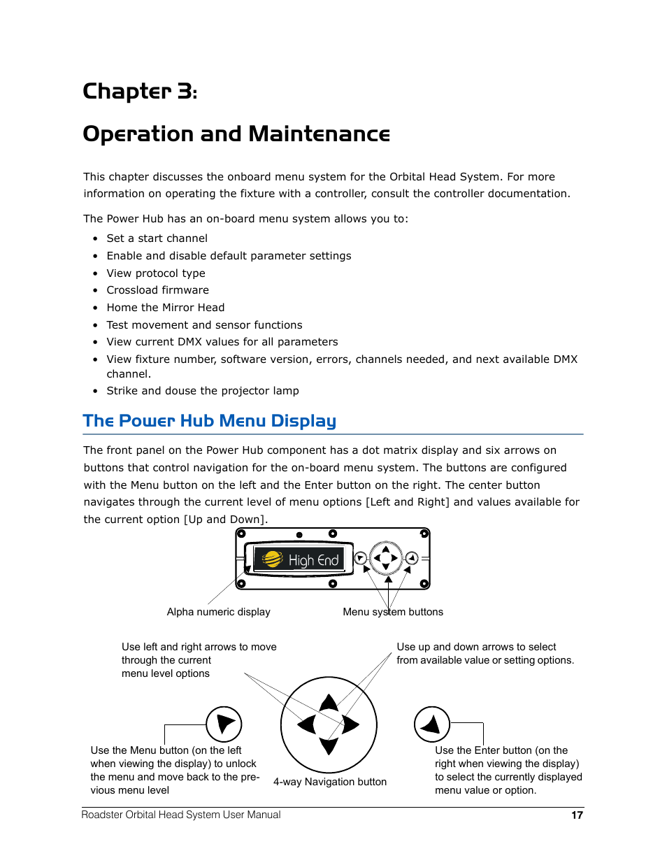 Chapter 3: operation and maintenance, The power hub menu display, Operation and maintenance | High End Systems Roadster Orbital Head System User Manual | Page 27 / 54