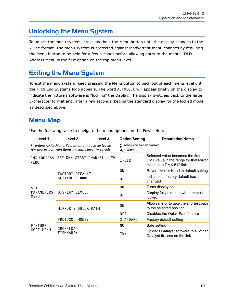 Unlocking the menu system, Exiting the menu system, Menu map | High End Systems Roadster Orbital Head System User Manual | Page 29 / 54