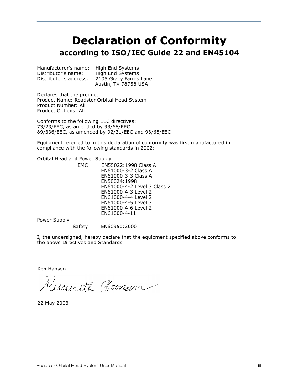 Declaration of conformity | High End Systems Roadster Orbital Head System User Manual | Page 3 / 54