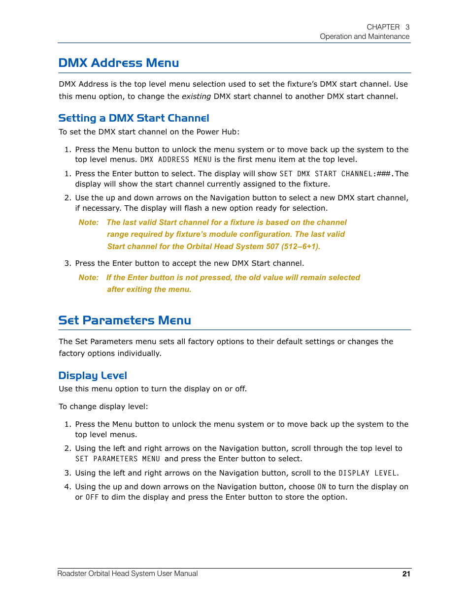 Dmx address menu, Setting a dmx start channel, Set parameters menu | Display level | High End Systems Roadster Orbital Head System User Manual | Page 31 / 54