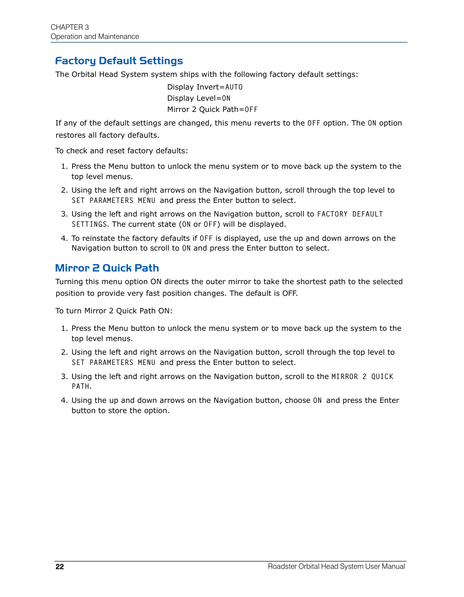 Factory default settings, Mirror 2 quick path, Factory default settings mirror 2 quick path | High End Systems Roadster Orbital Head System User Manual | Page 32 / 54