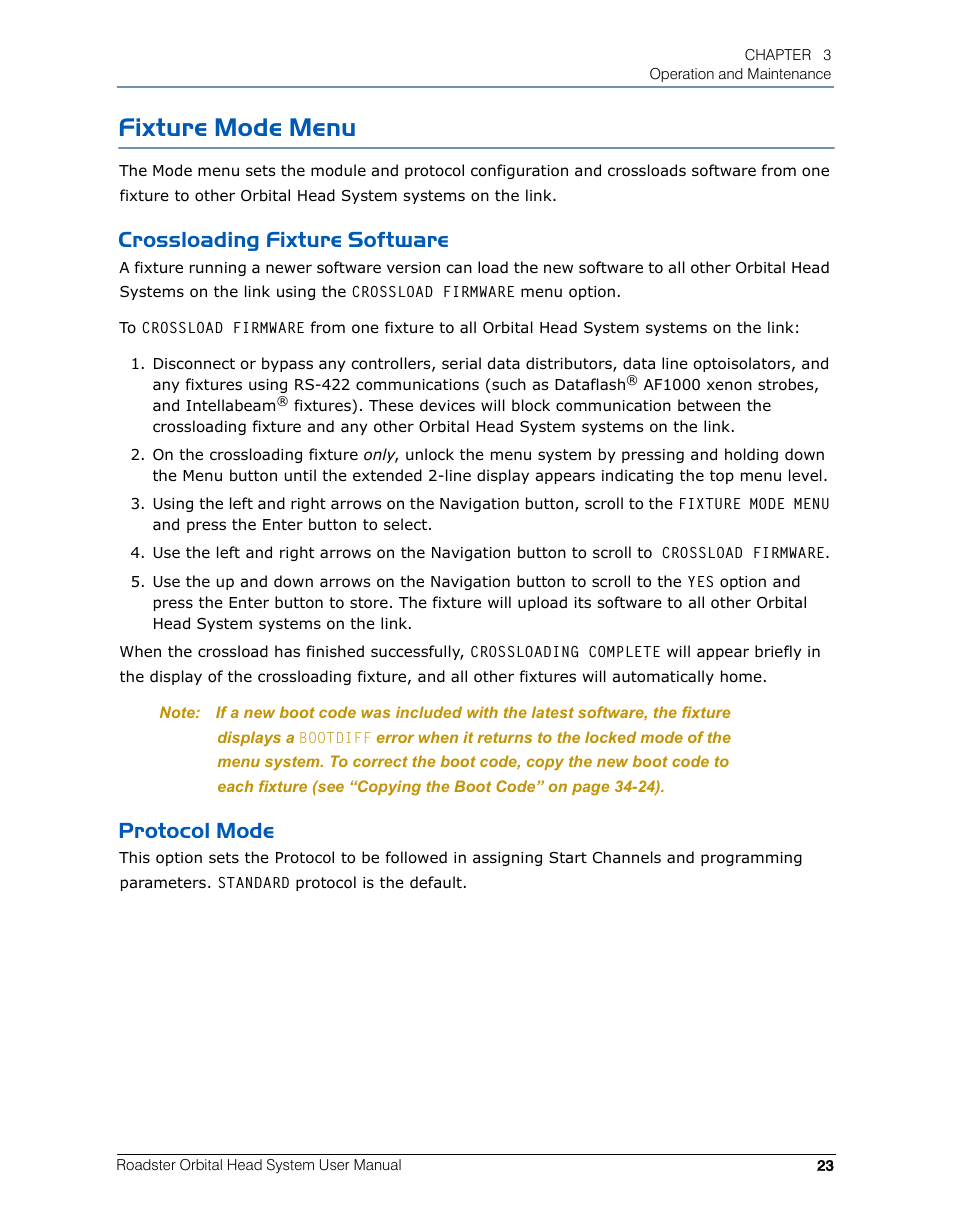 Fixture mode menu, Crossloading fixture software, Protocol mode | Crossloading fixture software protocol mode | High End Systems Roadster Orbital Head System User Manual | Page 33 / 54
