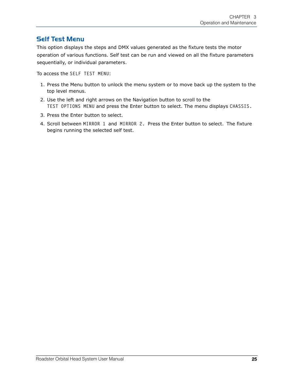 Self test menu | High End Systems Roadster Orbital Head System User Manual | Page 35 / 54
