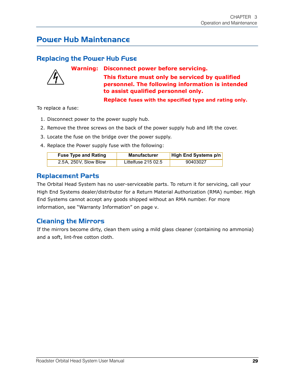 Power hub maintenance, Replacing the power hub fuse, Replacement parts | Cleaning the mirrors | High End Systems Roadster Orbital Head System User Manual | Page 39 / 54