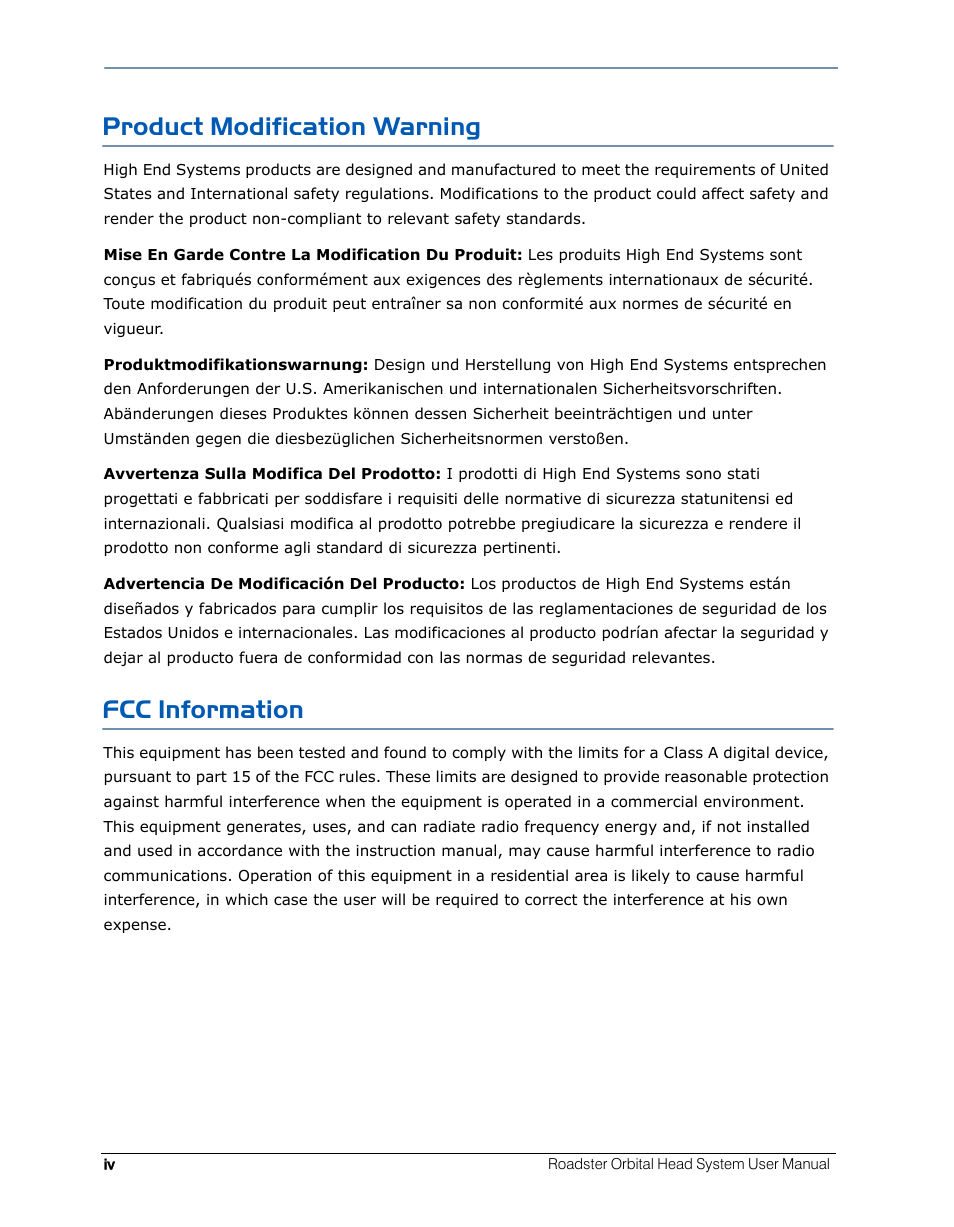 Product modification warning, Fcc information | High End Systems Roadster Orbital Head System User Manual | Page 4 / 54
