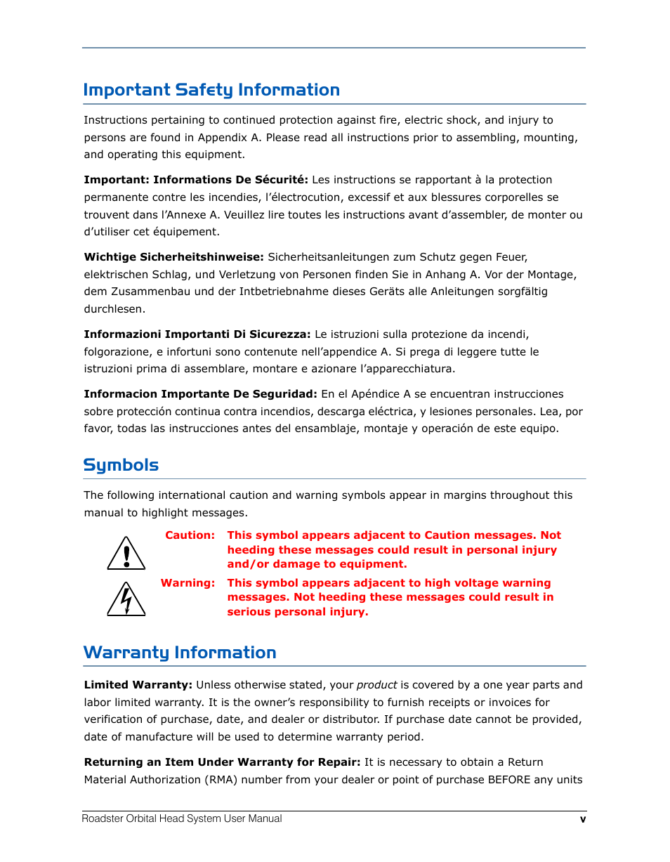 Important safety information, Symbols, Warranty information | High End Systems Roadster Orbital Head System User Manual | Page 5 / 54