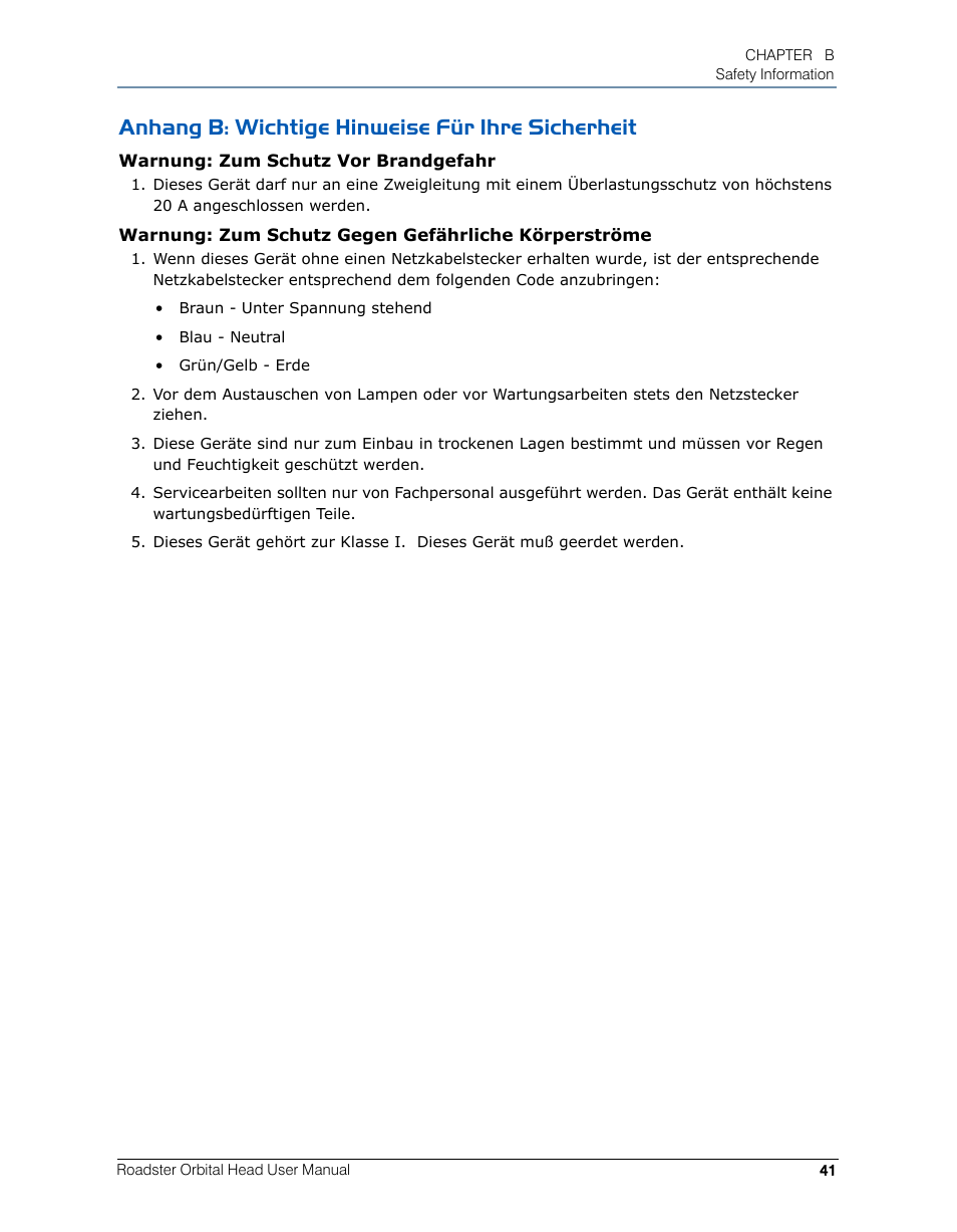 Anhang b: wichtige hinweise für ihre sicherheit | High End Systems Roadster Orbital Head System User Manual | Page 51 / 54