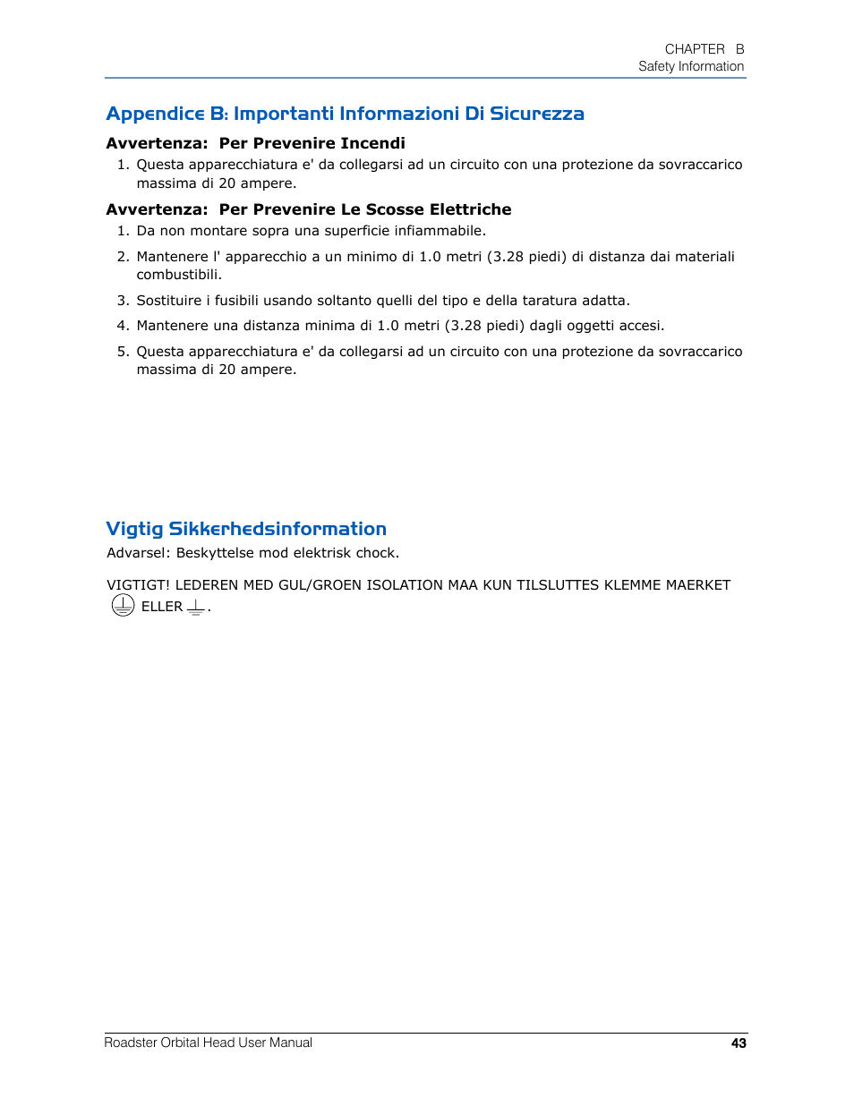 Appendice b: importanti informazioni di sicurezza, Vigtig sikkerhedsinformation | High End Systems Roadster Orbital Head System User Manual | Page 53 / 54