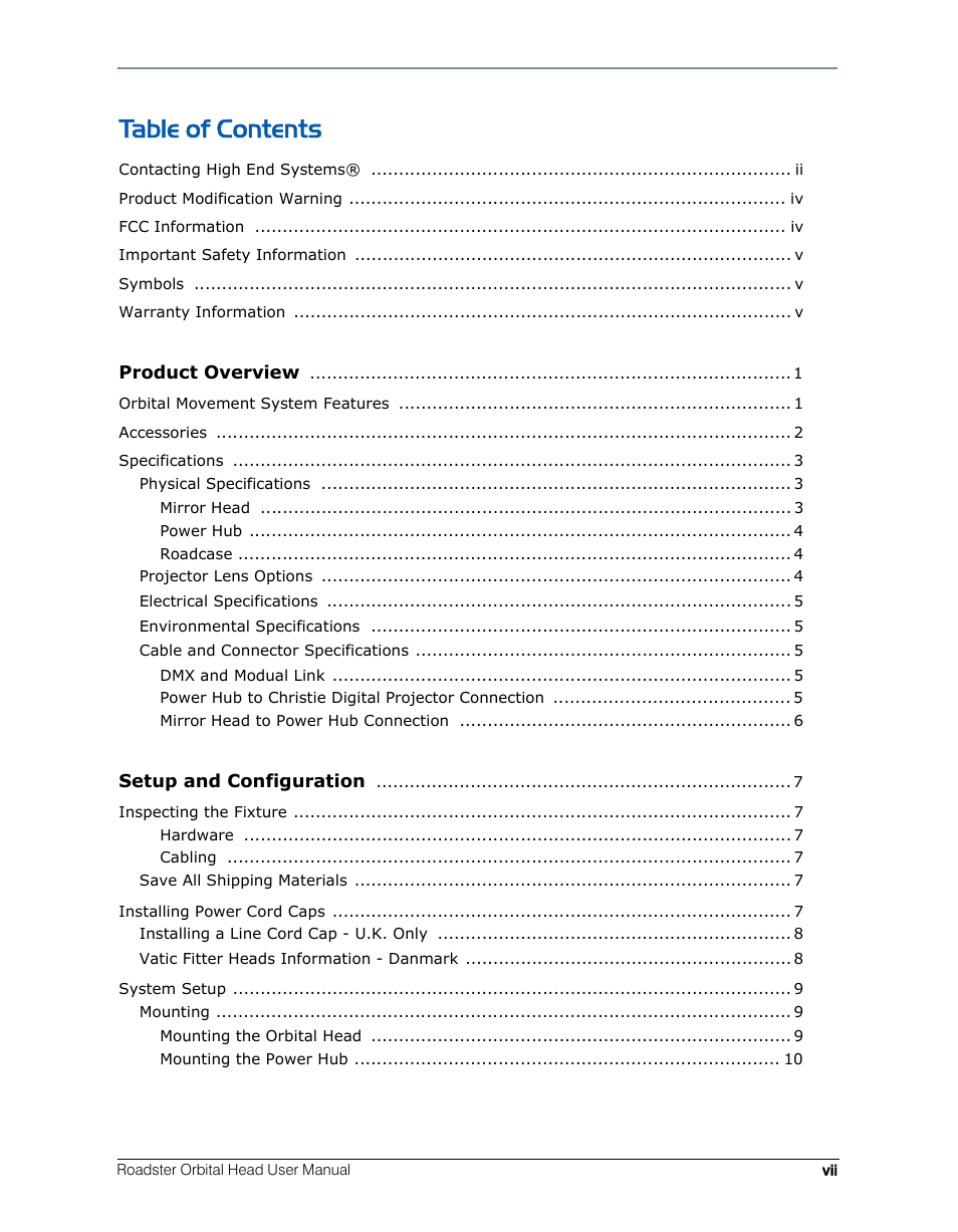 High End Systems Roadster Orbital Head System User Manual | Page 7 / 54