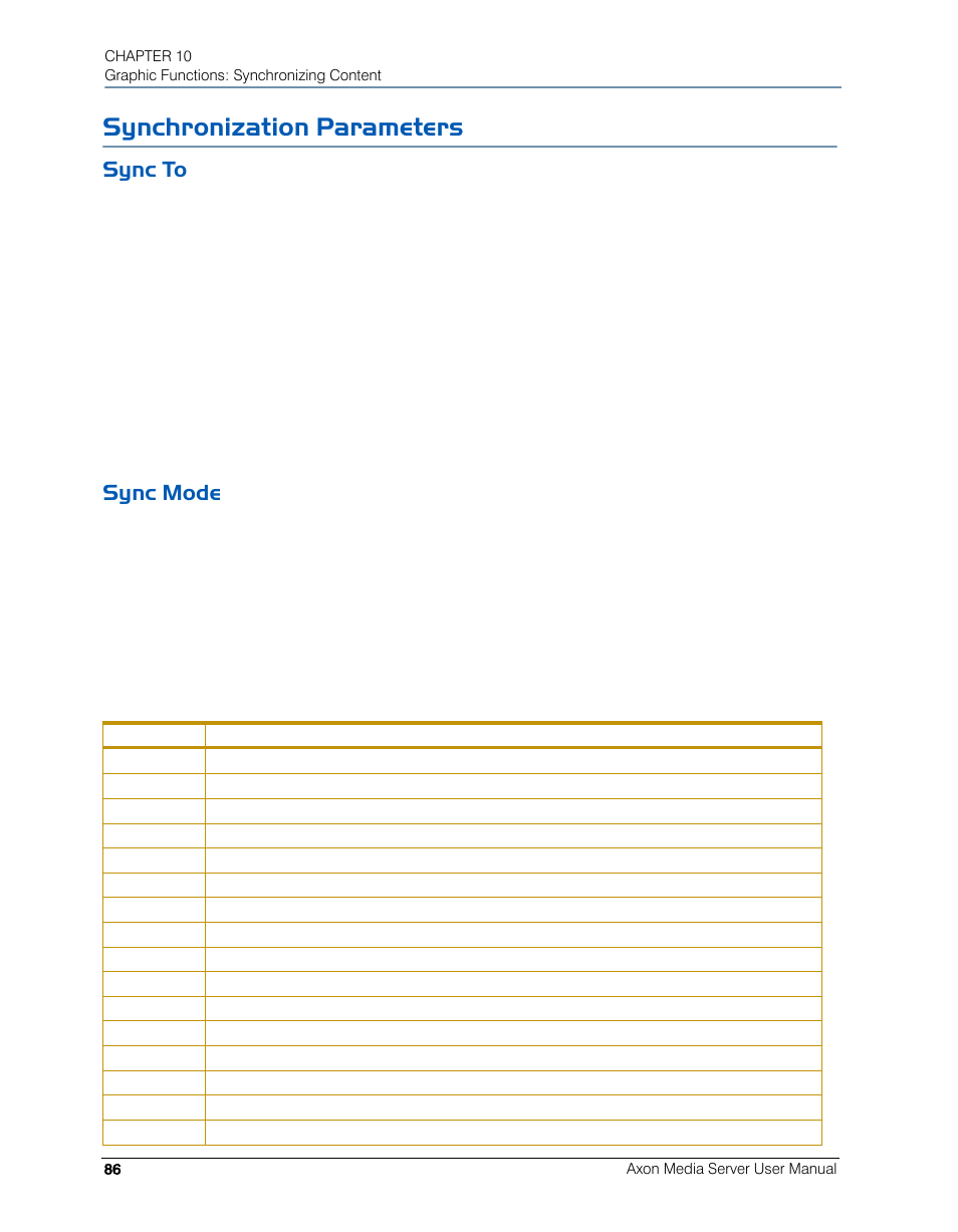 Synchronization parameters, Sync to, Sync mode | Sync to sync mode | High End Systems AXON User Manual | Page 106 / 288