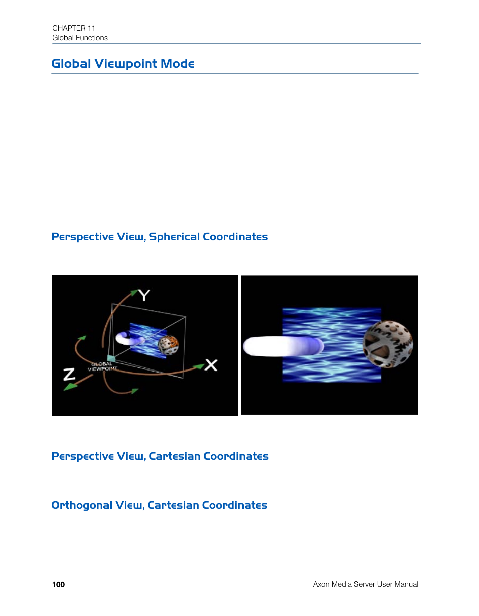 Global viewpoint mode, Perspective view, spherical coordinates, Perspective view, cartesian coordinates | Orthogonal view, cartesian coordinates | High End Systems AXON User Manual | Page 120 / 288