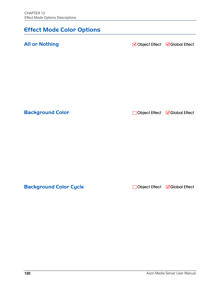 Effect mode color options, All or nothing, Background color | Background color cycle | High End Systems AXON User Manual | Page 140 / 288