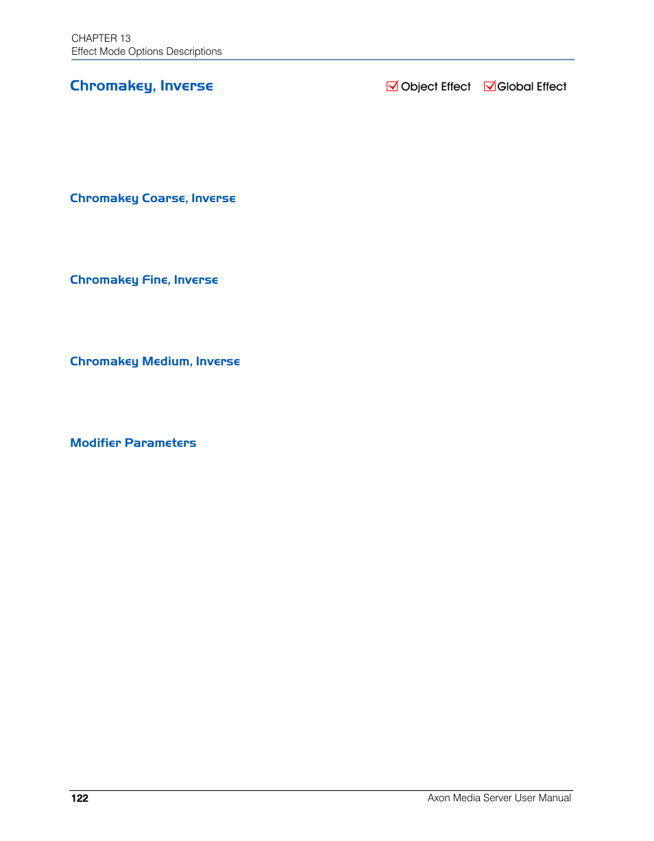 Chromakey, inverse, Chromakey coarse, inverse, Chromakey fine, inverse | Chromakey medium, inverse, Modifier parameters | High End Systems AXON User Manual | Page 142 / 288