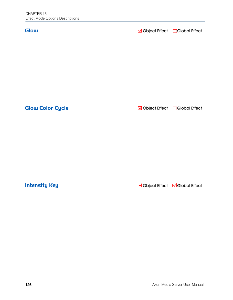 Glow, Glow color cycle, Intensity key | Glow glow color cycle intensity key, Color cycle | High End Systems AXON User Manual | Page 146 / 288