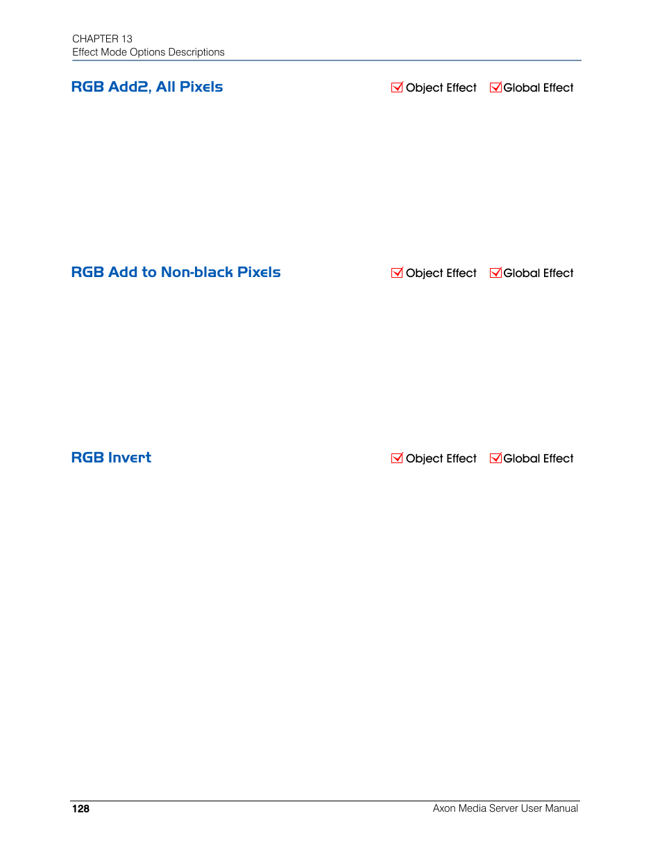 Rgb add2, all pixels, Rgb add to non-black pixels, Rgb invert | Invert | High End Systems AXON User Manual | Page 148 / 288