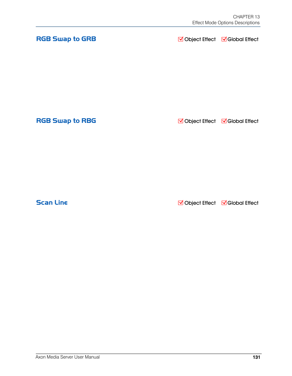 Rgb swap to grb, Rgb swap to rbg, Scan line | Rgb swap to grb rgb swap to rbg scan line | High End Systems AXON User Manual | Page 151 / 288