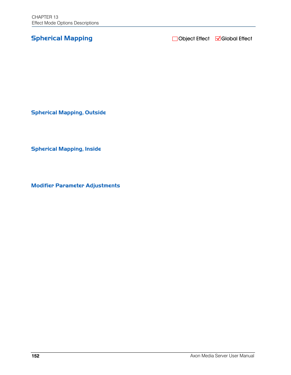 Spherical mapping, Spherical mapping, outside, Spherical mapping, inside | Modifier parameter adjustments | High End Systems AXON User Manual | Page 172 / 288