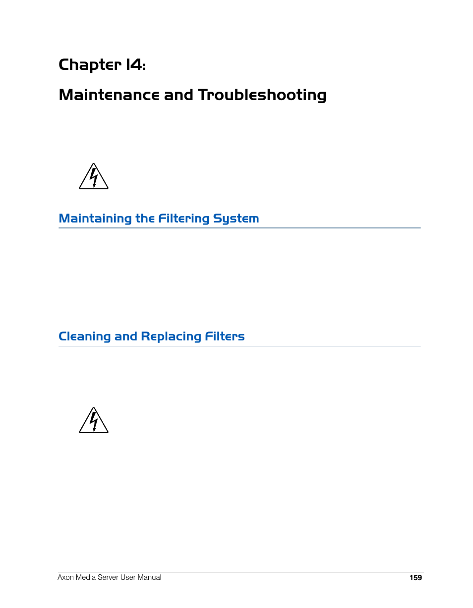 Chapter 14: maintenance and troubleshooting, Maintaining the filtering system, Cleaning and replacing filters | High End Systems AXON User Manual | Page 179 / 288