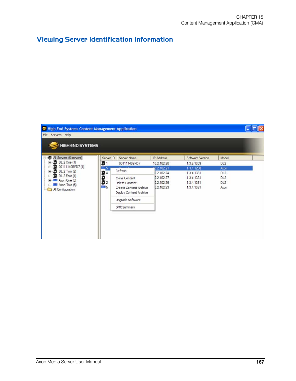Viewing server identification information | High End Systems AXON User Manual | Page 187 / 288