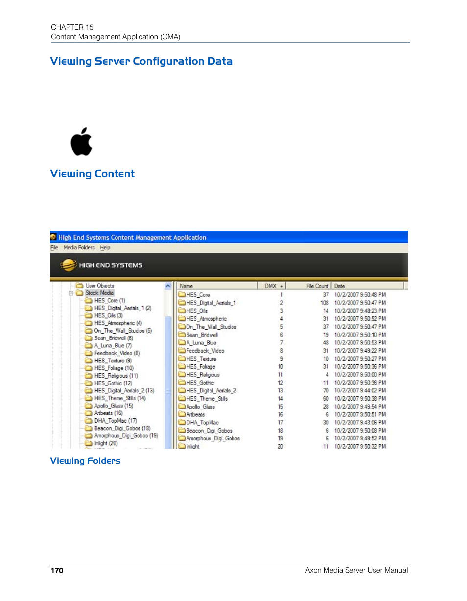 Viewing server configuration data, Viewing content, Viewing folders | Viewing server configuration data viewing content | High End Systems AXON User Manual | Page 190 / 288