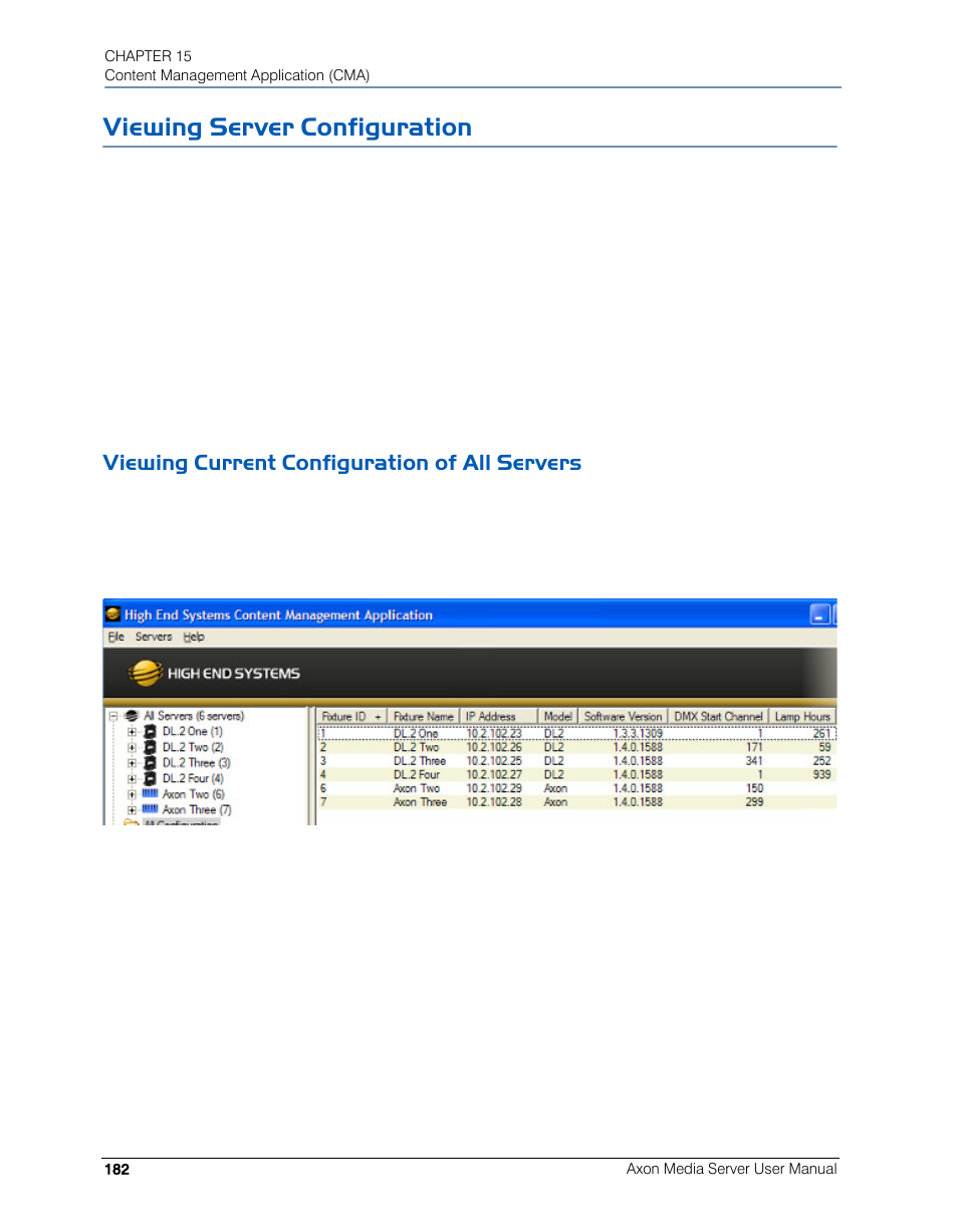 Viewing server configuration, Viewing current configuration of all servers | High End Systems AXON User Manual | Page 202 / 288