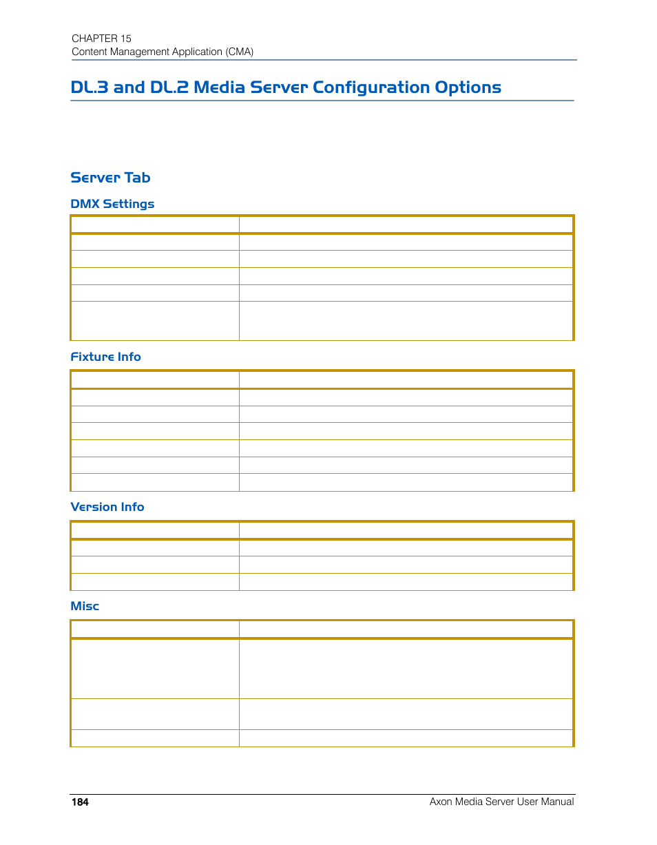 Dl.3 and dl.2 media server configuration options, Server tab, Dmx settings | Fixture info, Version info, Misc, Dmx settings fixture info version info misc | High End Systems AXON User Manual | Page 204 / 288