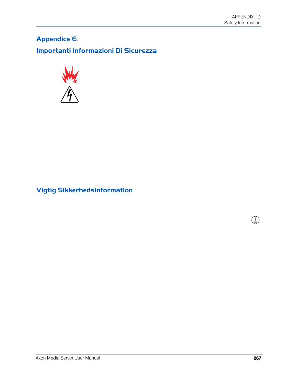 Appendice e: importanti informazioni di sicurezza, Vigtig sikkerhedsinformation | High End Systems AXON User Manual | Page 287 / 288