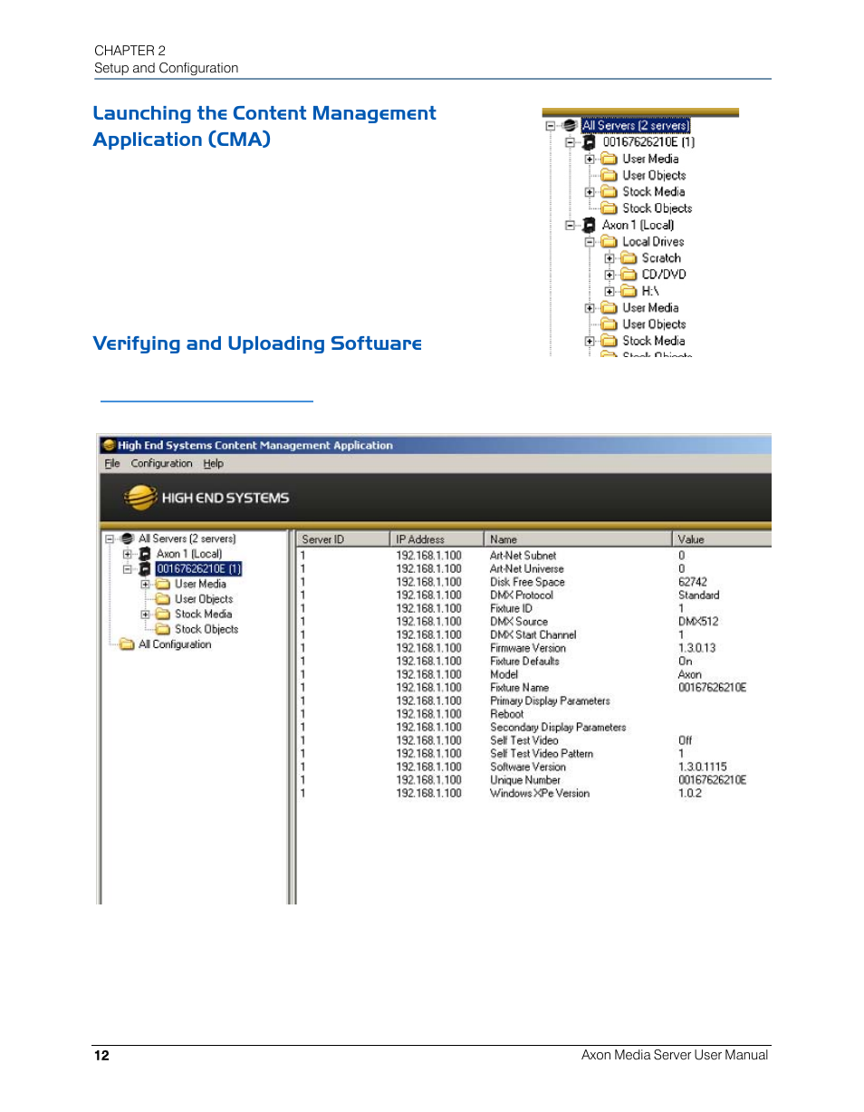 Launching the content management application (cma), Verifying and uploading software | High End Systems AXON User Manual | Page 32 / 288