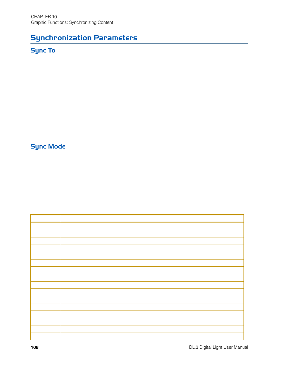 Synchronization parameters, Sync to, Sync mode | Sync to sync mode | High End Systems DL.3 User Manual | Page 128 / 334