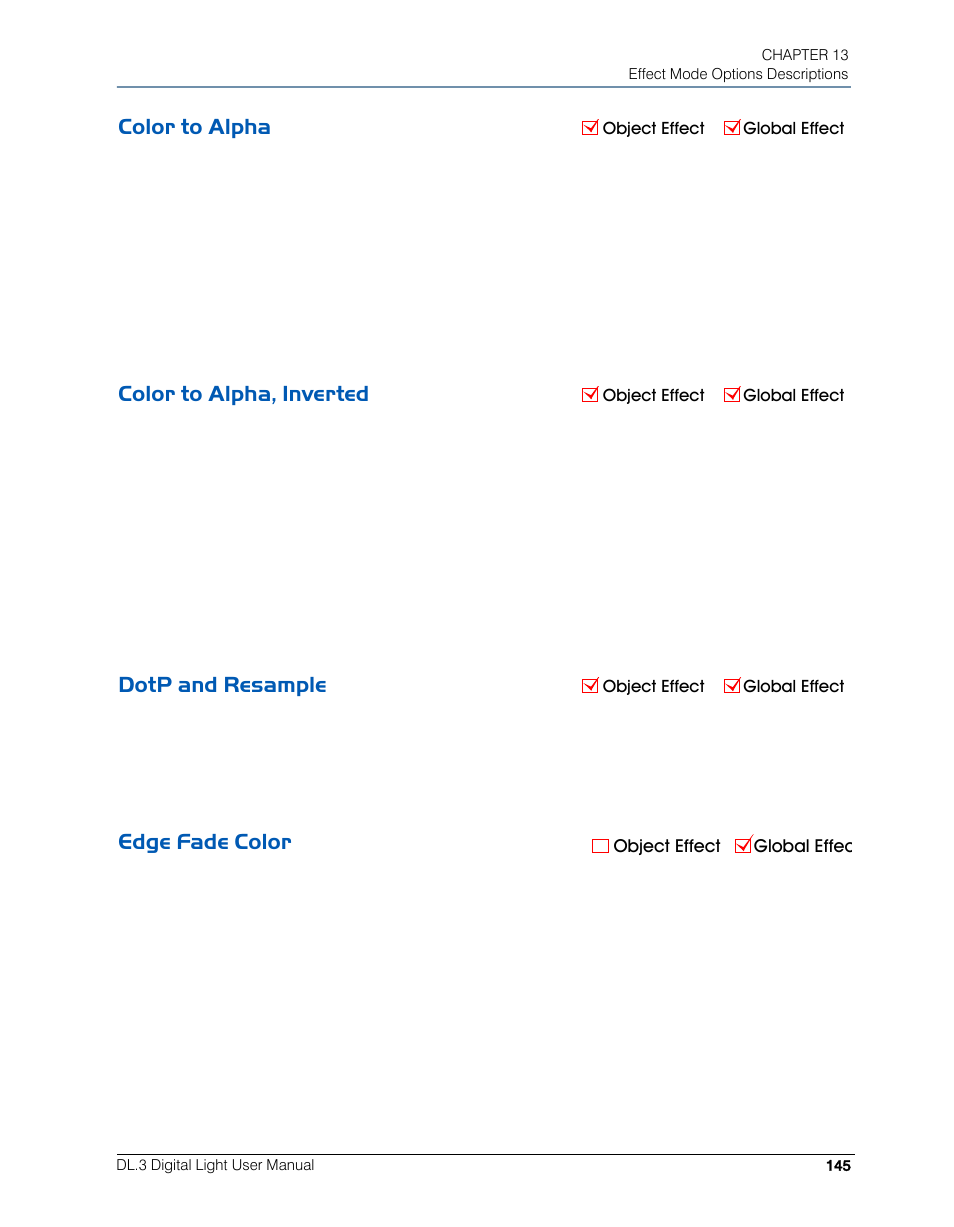 Color to alpha, Color to alpha, inverted, Dotp and resample | Edge fade color | High End Systems DL.3 User Manual | Page 167 / 334