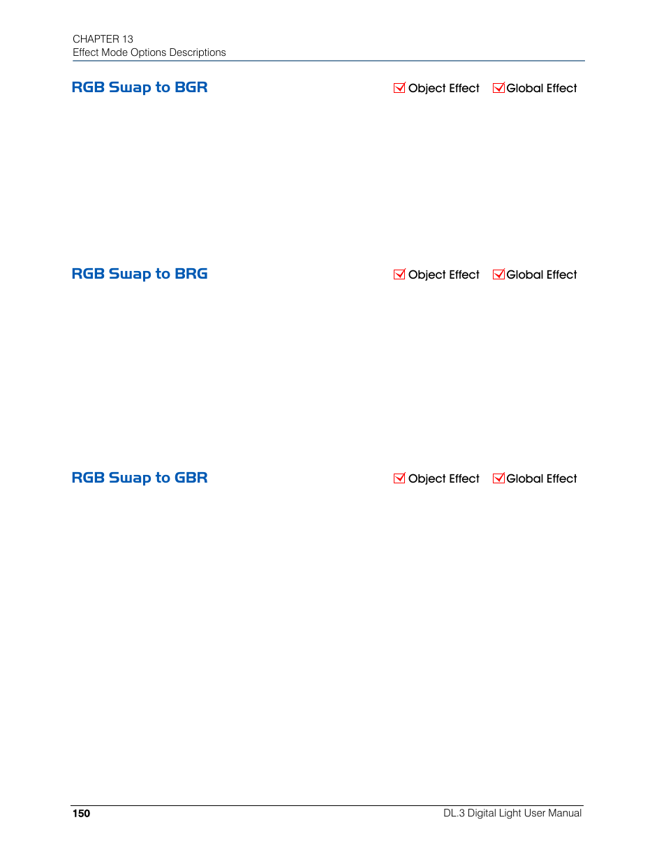 Rgb swap to bgr, Rgb swap to brg, Rgb swap to gbr | Rgb swap to bgr rgb swap to brg rgb swap to gbr | High End Systems DL.3 User Manual | Page 172 / 334