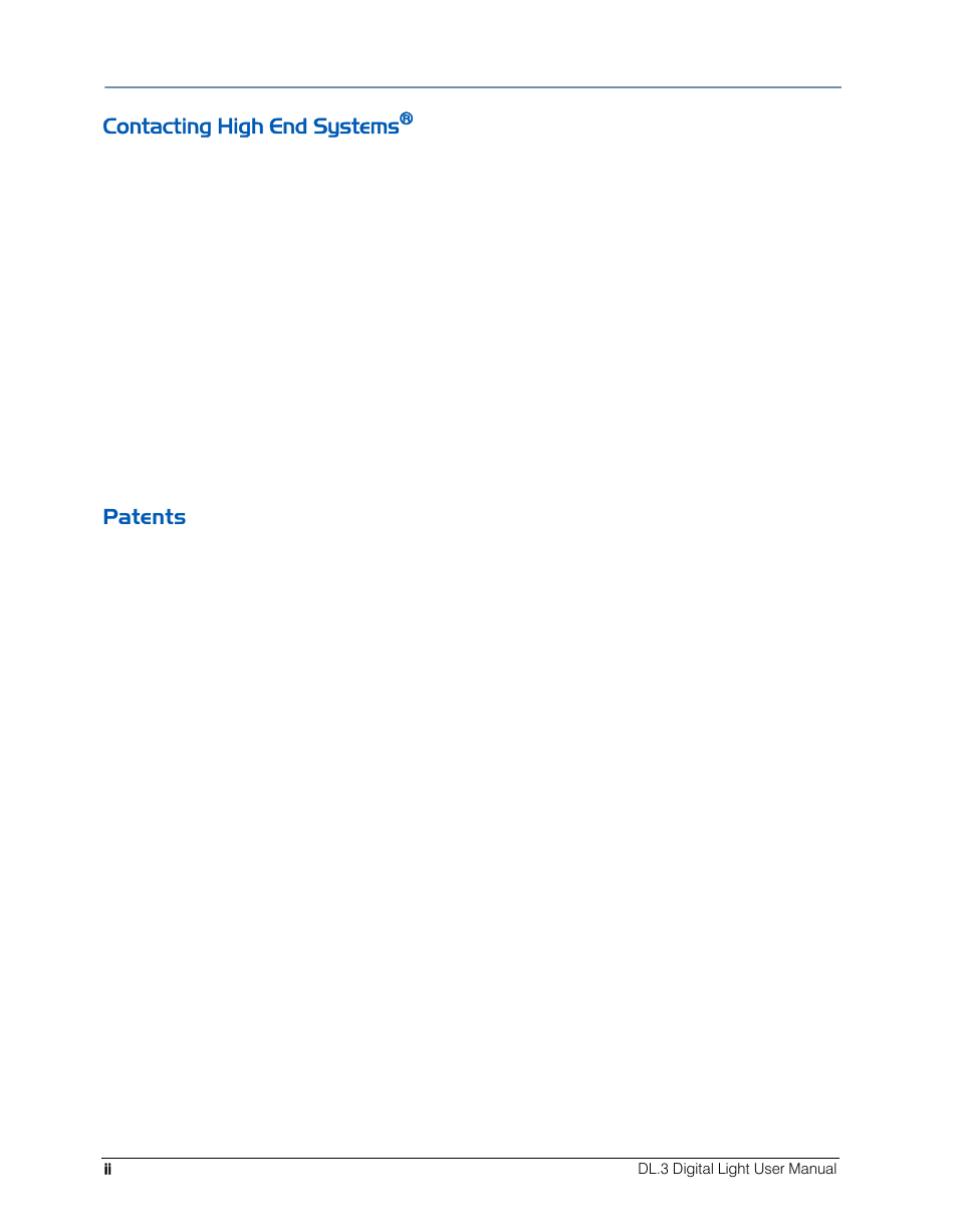 Contacting high end systems, Patents | High End Systems DL.3 User Manual | Page 2 / 334