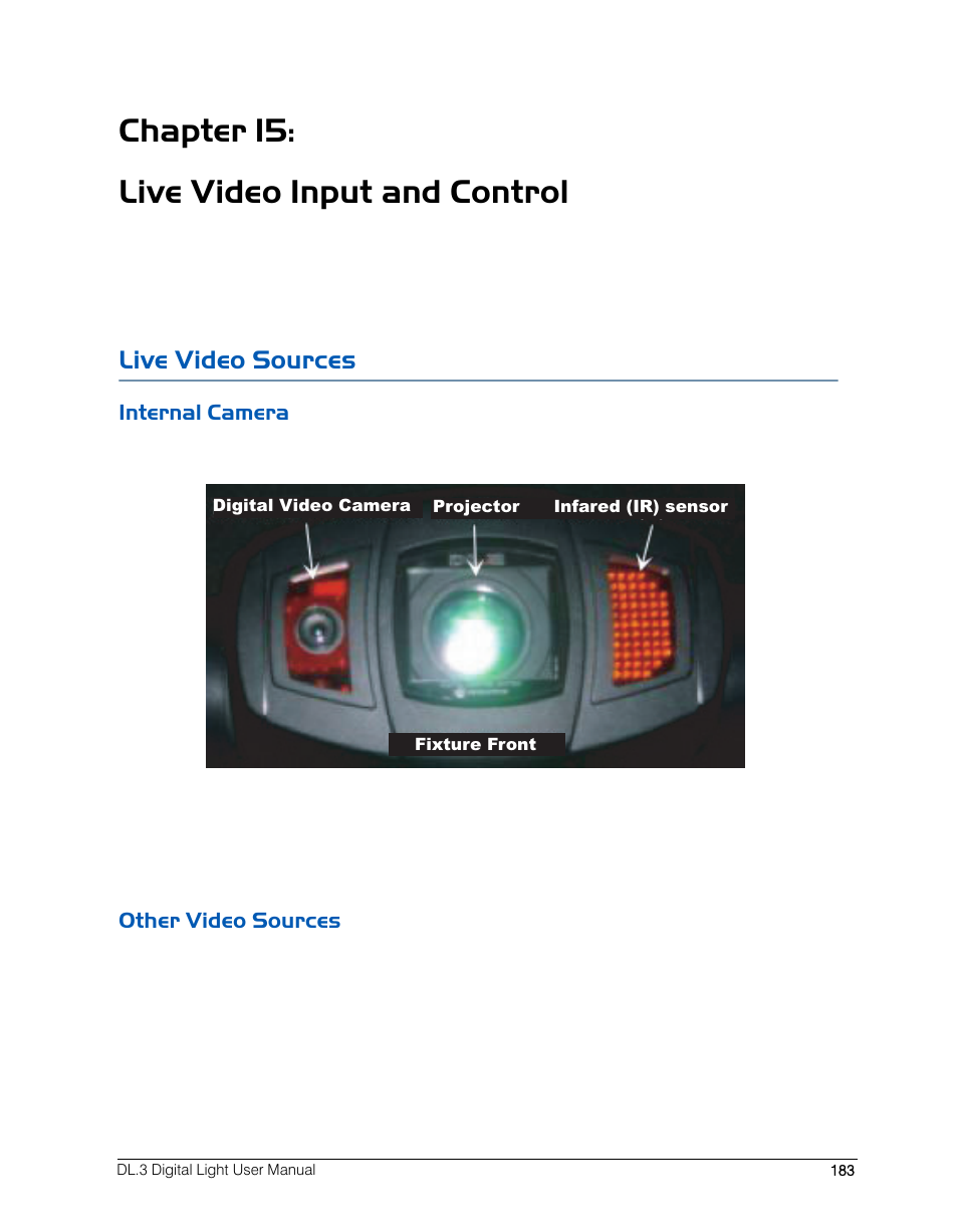 Chapter 15: live video input and control, Live video sources, Internal camera | Other video sources, Internal camera other video sources | High End Systems DL.3 User Manual | Page 205 / 334