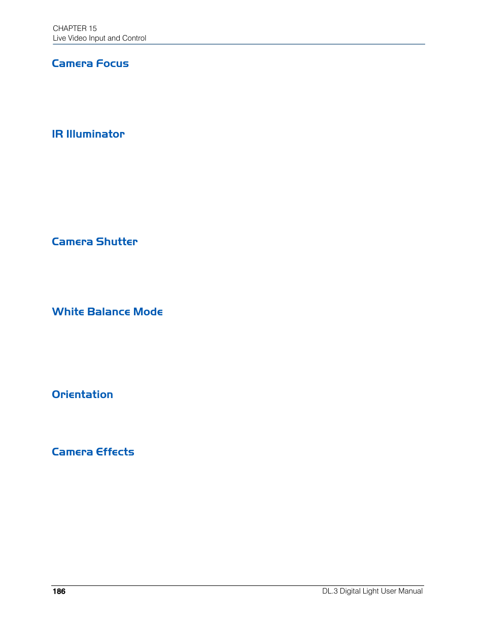 Camera focus, Ir illuminator, Camera shutter | White balance mode, Orientation, Camera effects | High End Systems DL.3 User Manual | Page 208 / 334