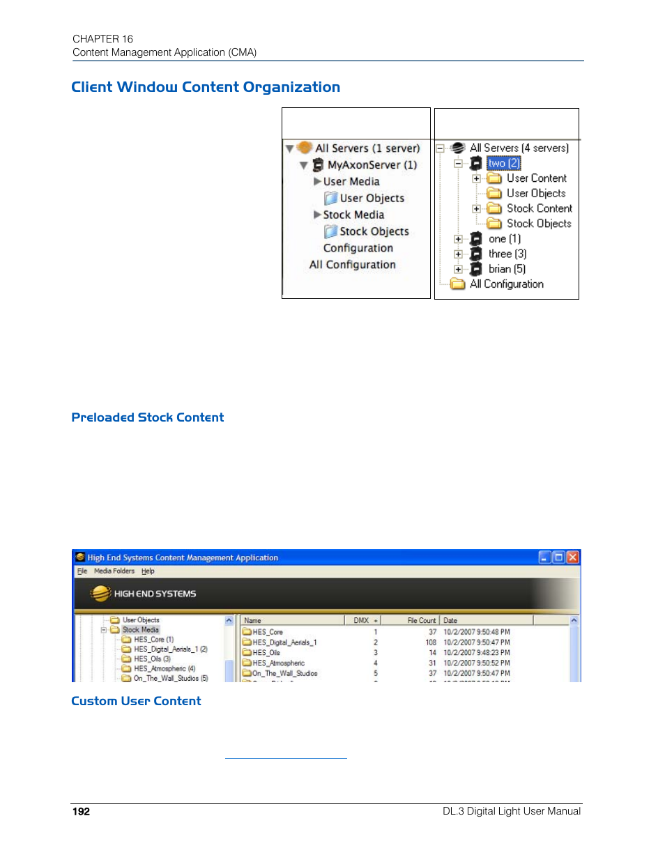 Client window content organization, Preloaded stock content, Custom user content | Preloaded stock content custom user content | High End Systems DL.3 User Manual | Page 214 / 334