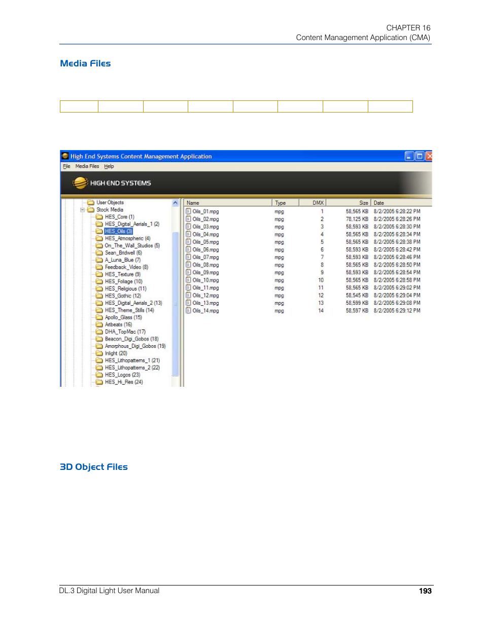 Media files, 3d object files, Media files 3d object files | High End Systems DL.3 User Manual | Page 215 / 334