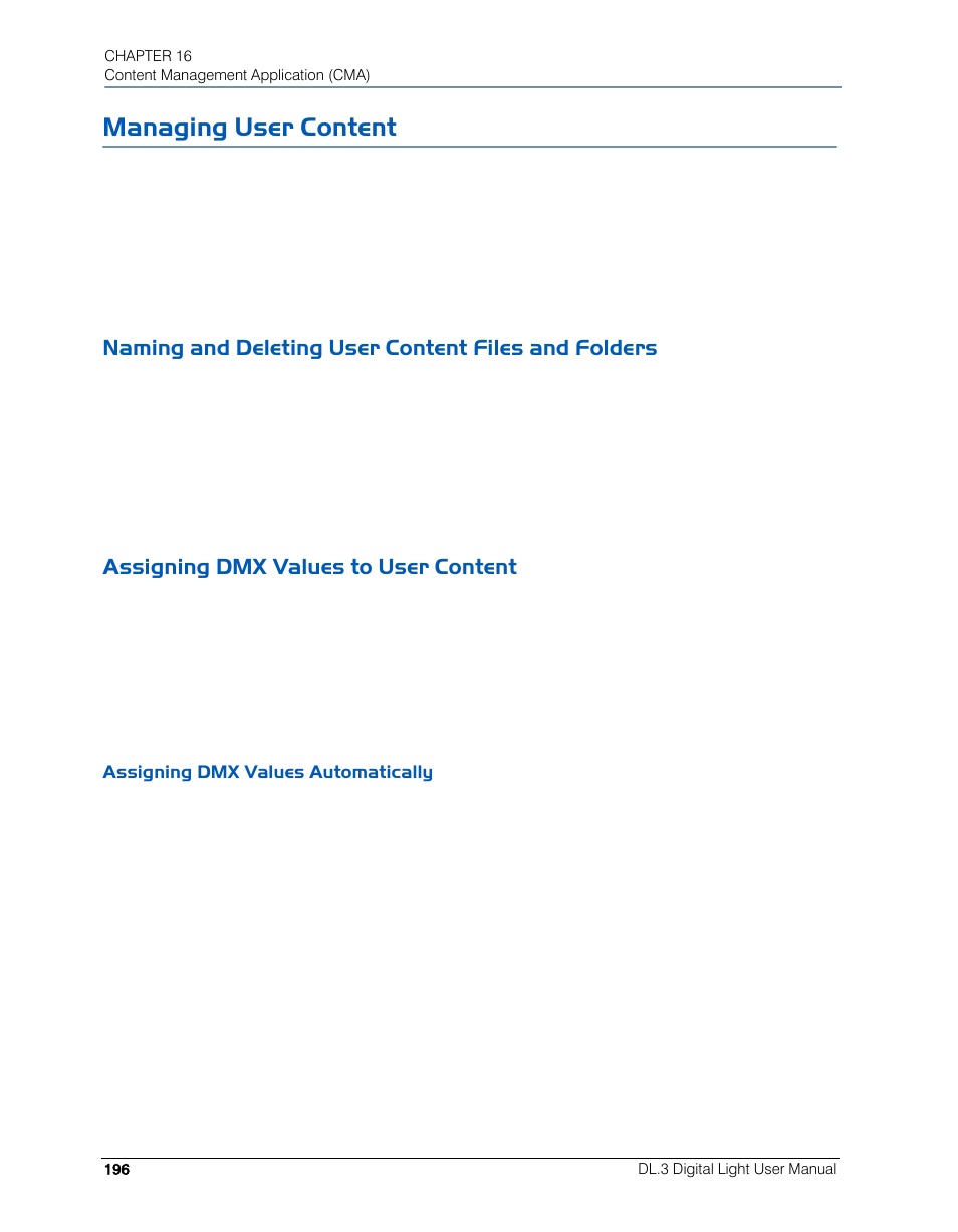 Managing user content, Naming and deleting user content files and folders, Assigning dmx values to user content | Assigning dmx values automatically, E “naming and | High End Systems DL.3 User Manual | Page 218 / 334